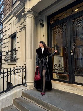 Fashion Nova Black Leather Maxi Trench Coat with Fur Collar